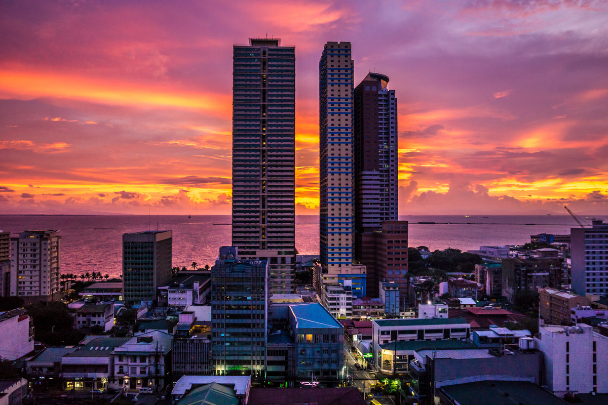 Urban City with Colorful Sunset Sky